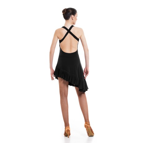 Girls Criss-Cross Asymmetric Leotard Dress feat Wide Straps Low Back &#38; Ruffle Hem, Super Jersey Black