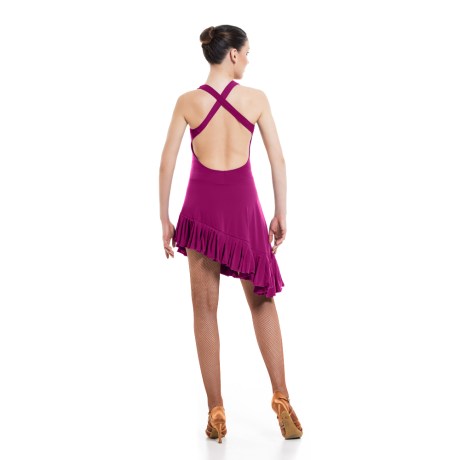 Girls Criss-Cross Asymmetric Leotard Dress feat Wide Straps Low Back &#38; Ruffle Hem, Super Jersey Fuchsia