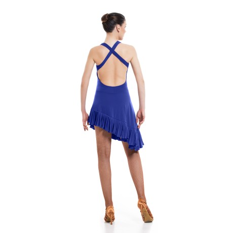 Girls Criss-Cross Asymmetric Leotard Dress feat Wide Straps Low Back &#38; Ruffle Hem, Super Jersey Electric Blue