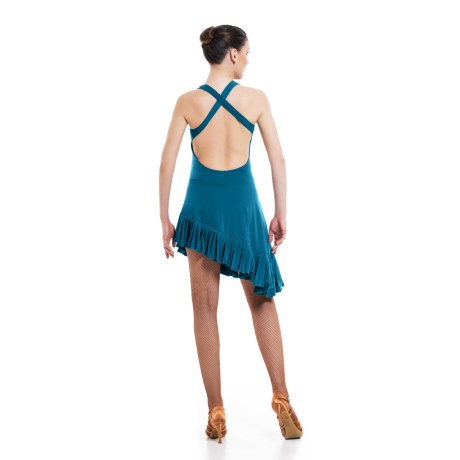 Girls Criss-Cross Asymmetric Leotard Dress feat Wide Straps Low Back &#38; Ruffle Hem, Super Jersey Petrol