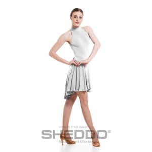 Female Sleeveless Turtle Neck Leotard Dress, feat. Asymmetric Skirt, Low Back & Spaghetti Straps, Super Jersey White