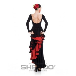 Female 6 Panels Flamenco Skirt Double Ruffled, Marocain Black