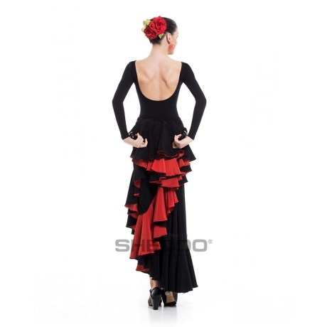 Female 6 Panels Flamenco Skirt Double Ruffled, Marocain Black