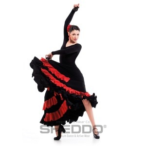 Female 6 Panels Flamenco Skirt With Second Colour Ruffle Long Up To 85cm, Marocain Black